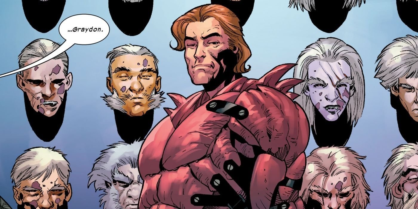 Graydon Creed standing in front of a wall with Sabretooth heads mounted on it.