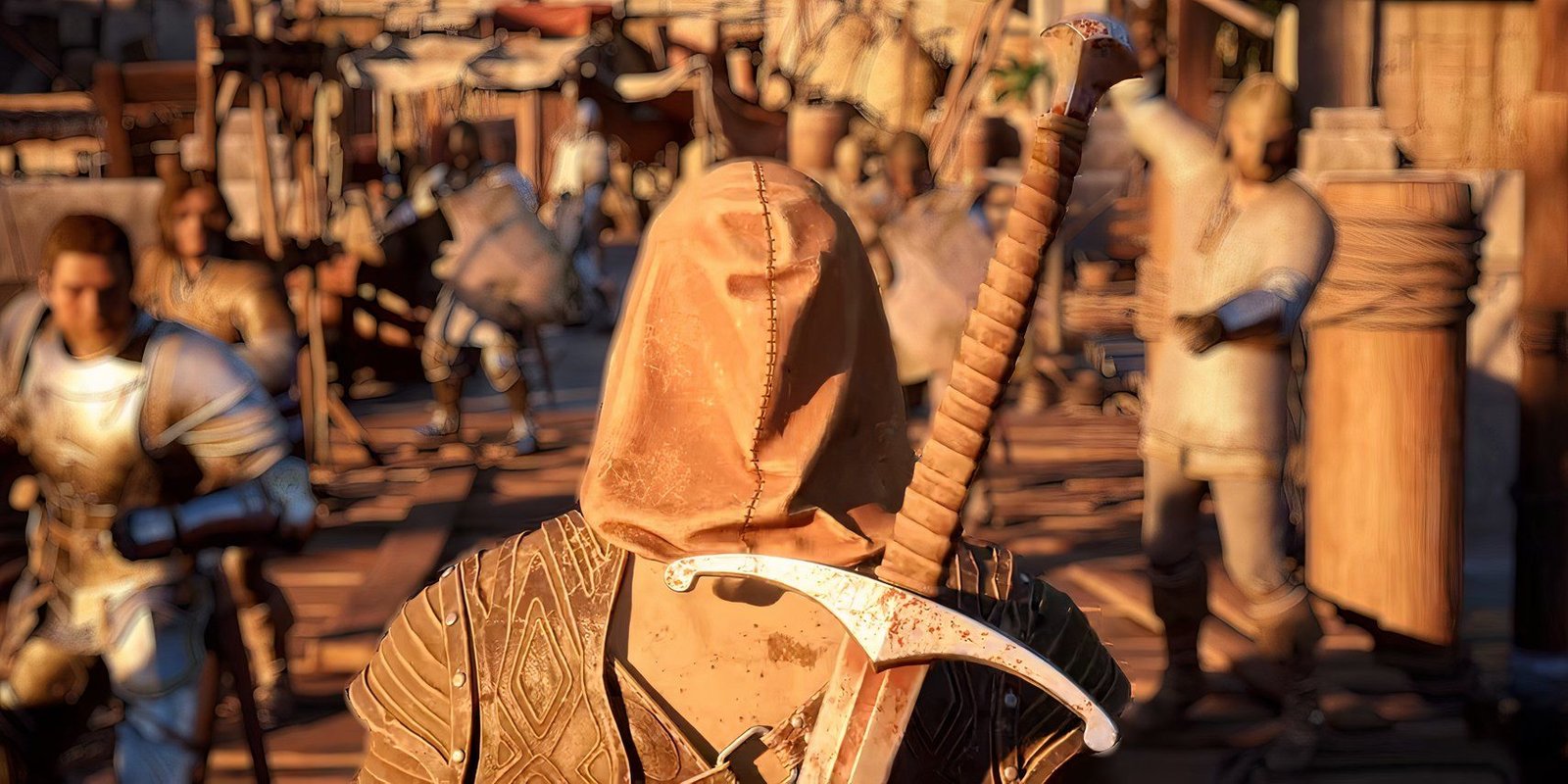Fighter class in Avowed walking down the docks with sword on back.
