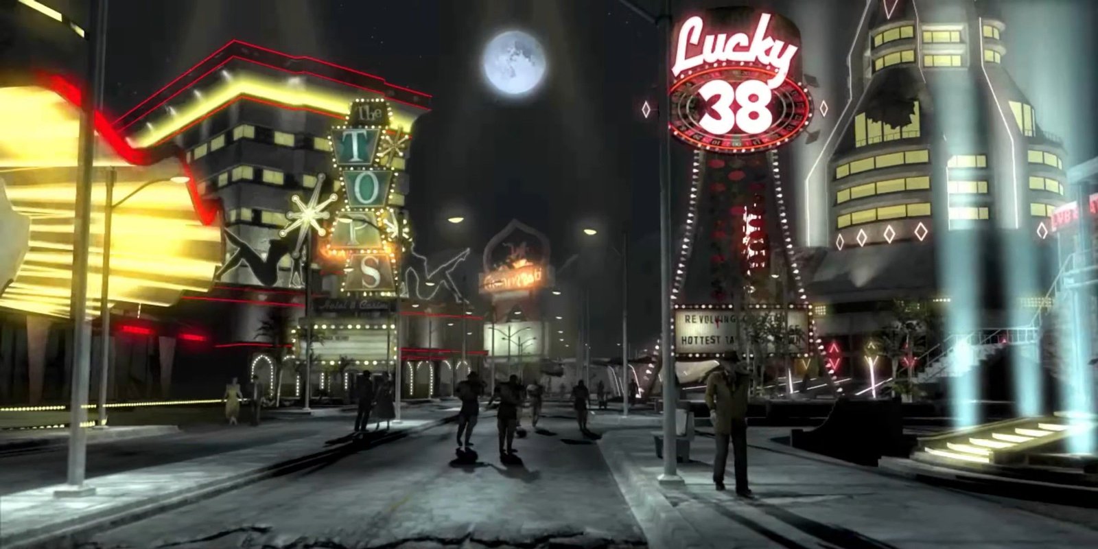 A wide shot of the New Vegas strip in Fallout New Vegas.