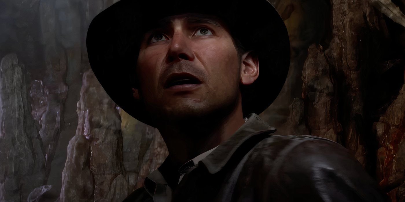 Indiana Jones from Indiana Jones and the Great circle looking up in awe.
