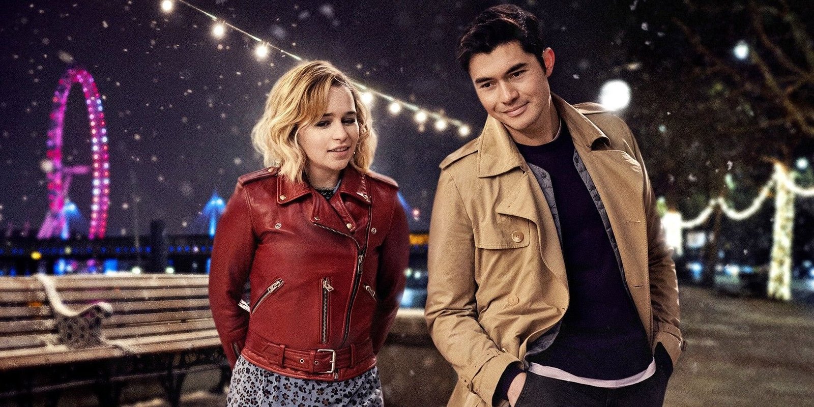 Emilia Clarke and Henry Golding walking together in Last Christmas 2019