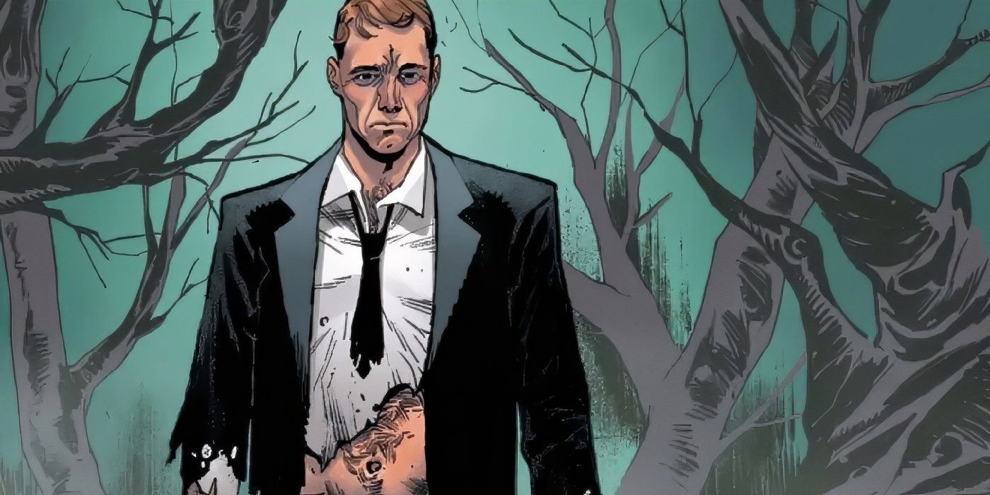 Phil Coulson in a tattered suit, walking through the dark woods.