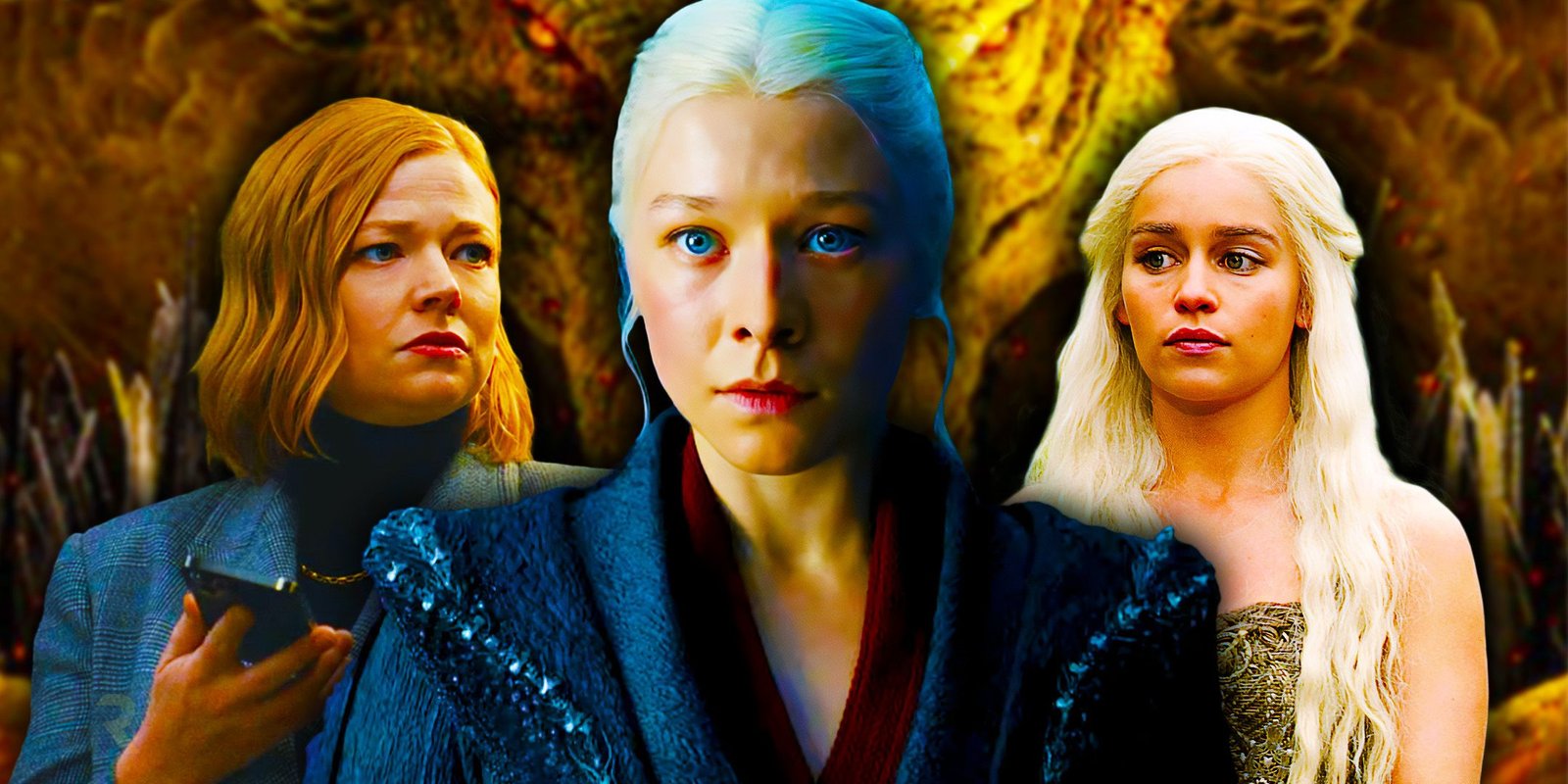 House Of The Dragon Season 3 Casts New Hightower Character With The Nevers Actor 2 Shiv from Succession, Rhaenyra Targaryen from House of the Dragon, and Daenerys Targaryen from Game of Thrones looking serious