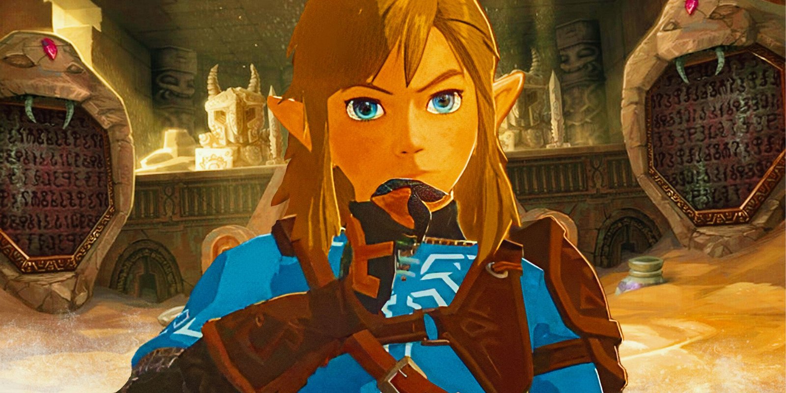 I Hope Zelda Can Captivate Me Again In One Way Only BOTW Has 2 The Legend of Zelda: Tears of the Kingdom's Link thinking with a sand-filled dungeon in the background.
