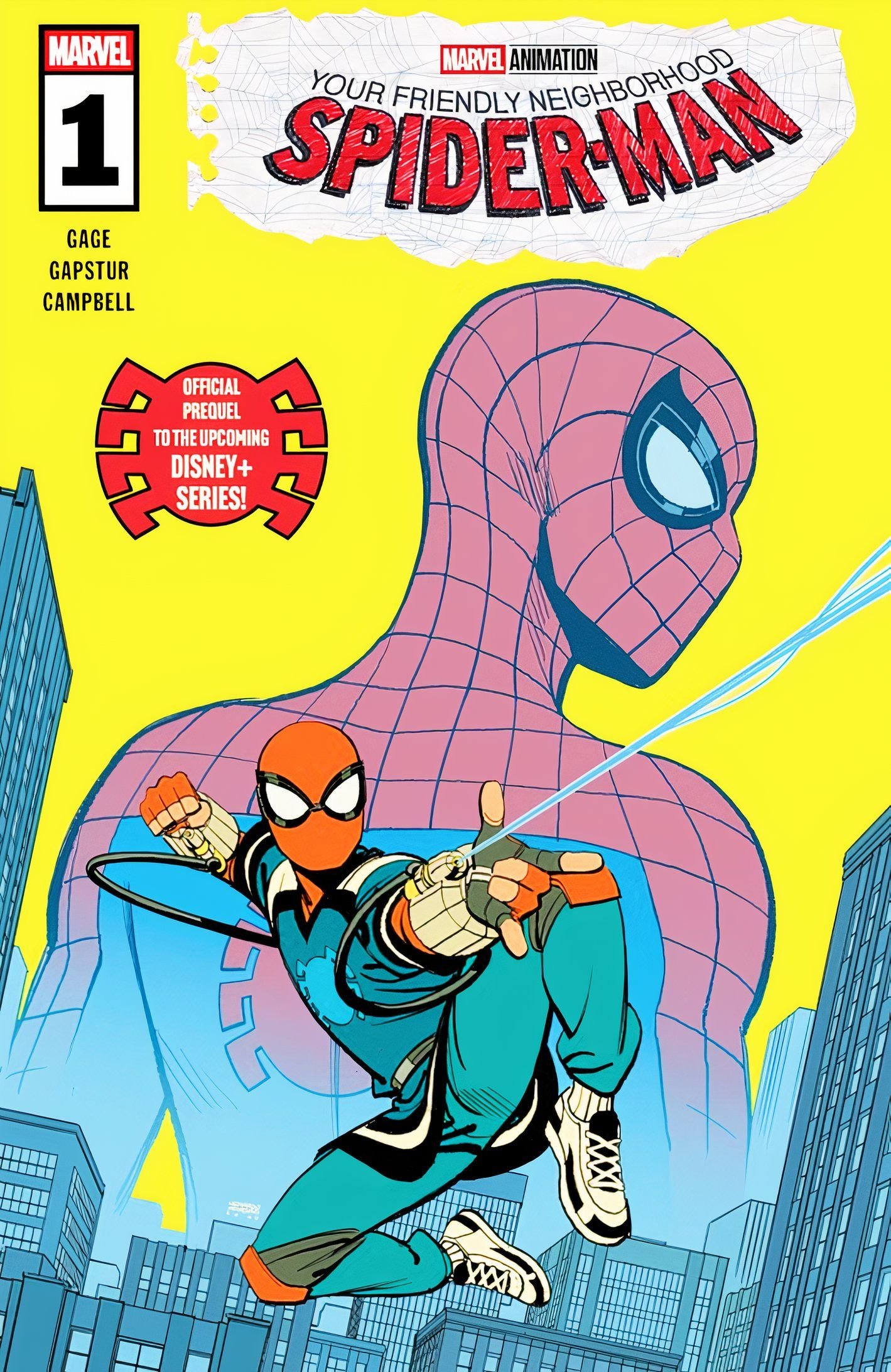 Your Friendly Neighborhood Spider-Man #1, MCU Spidey Webslinging against a backdrop of his classic costume