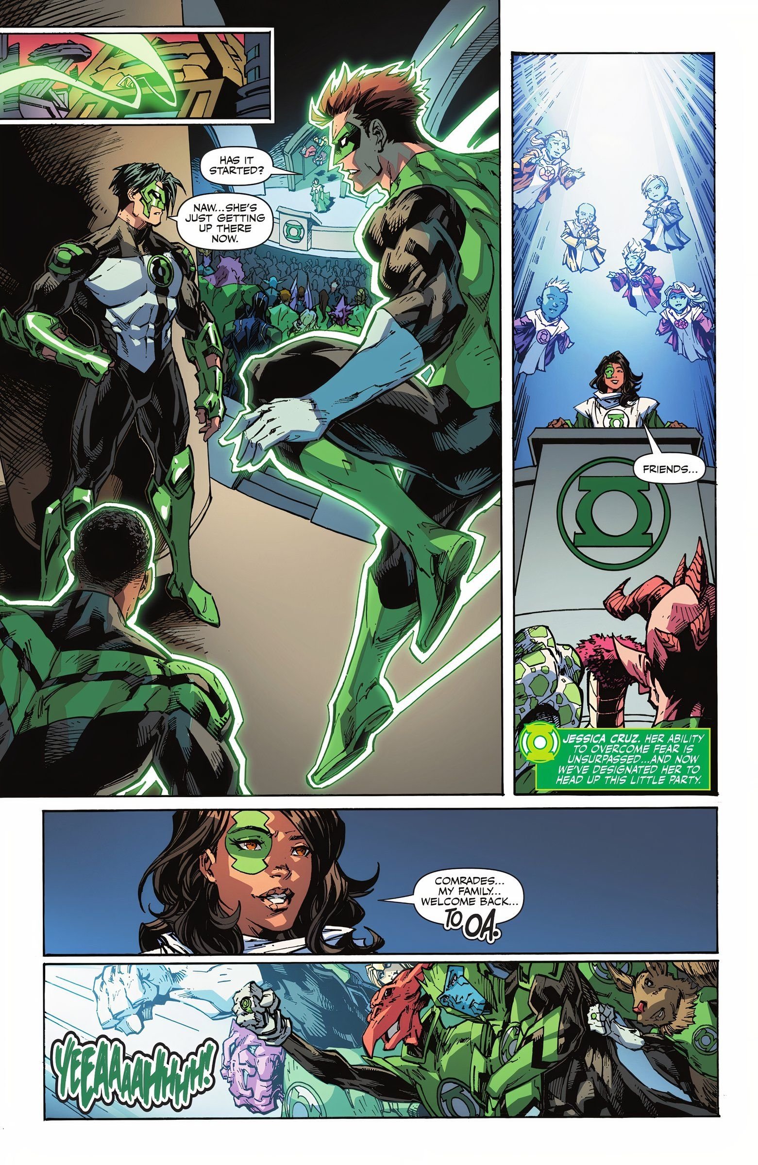 Six panels of Jessica Cruz being selected as the new leader of the Green Lantern Corps