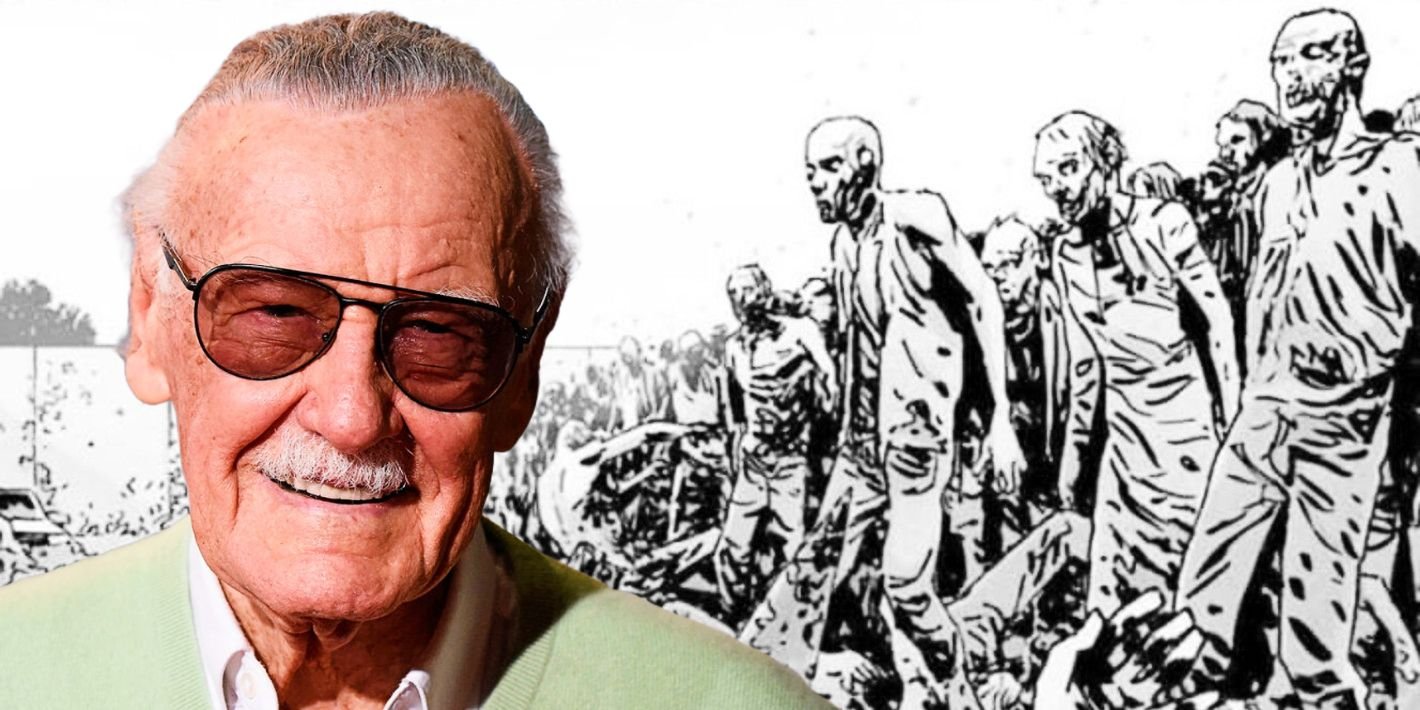 The Walking Dead Named Negan's Iconic Bat After a Classic Movie You've Not Seen Before 2 Stan Lee (foreground, color) with zombies from The Walking Dead in the background.