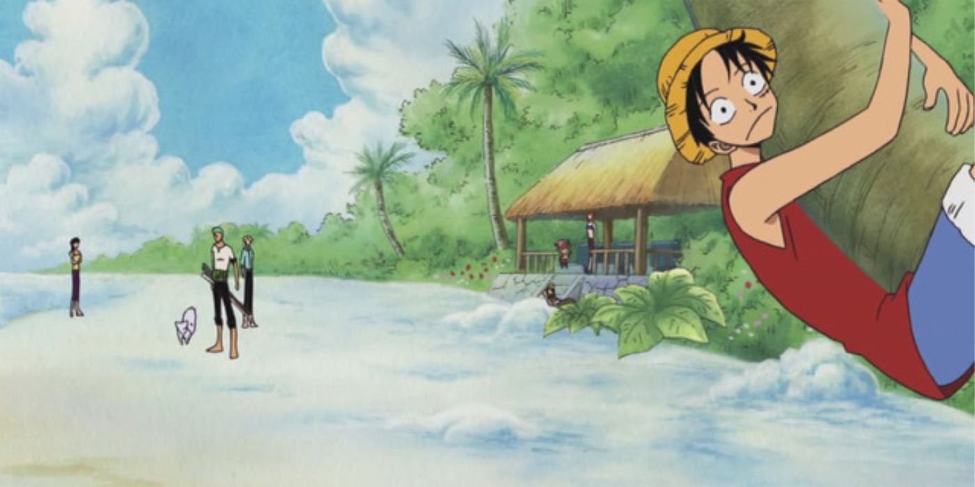 The Straw Hat Pirates on Skypiea with Luffy in the right corner hanging onto a palm tree