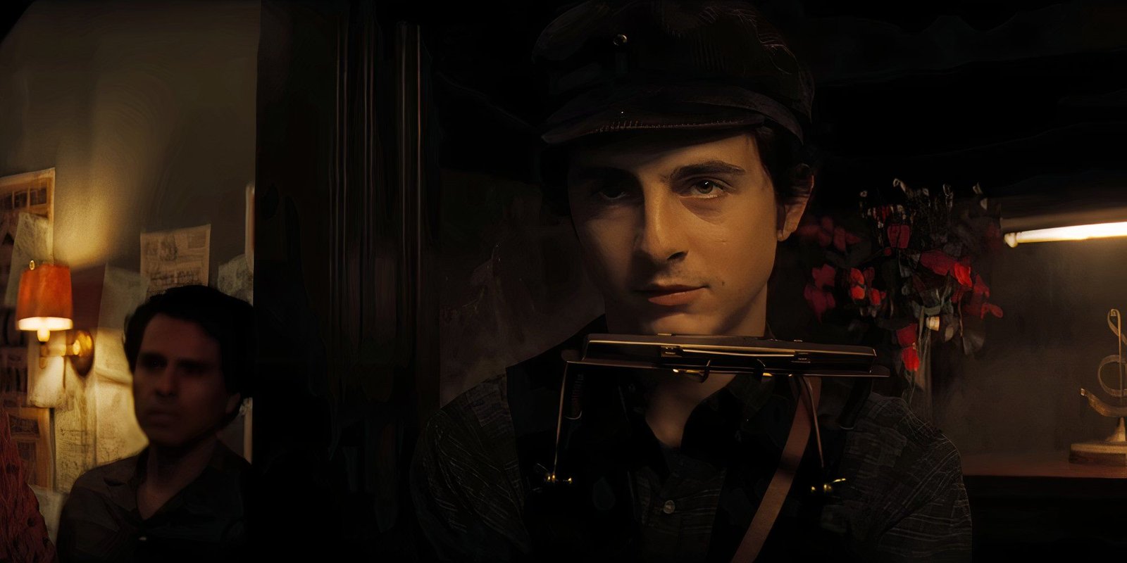 Actor Timothée Chalamet as Bob Dylan in A Complete Unknown. 