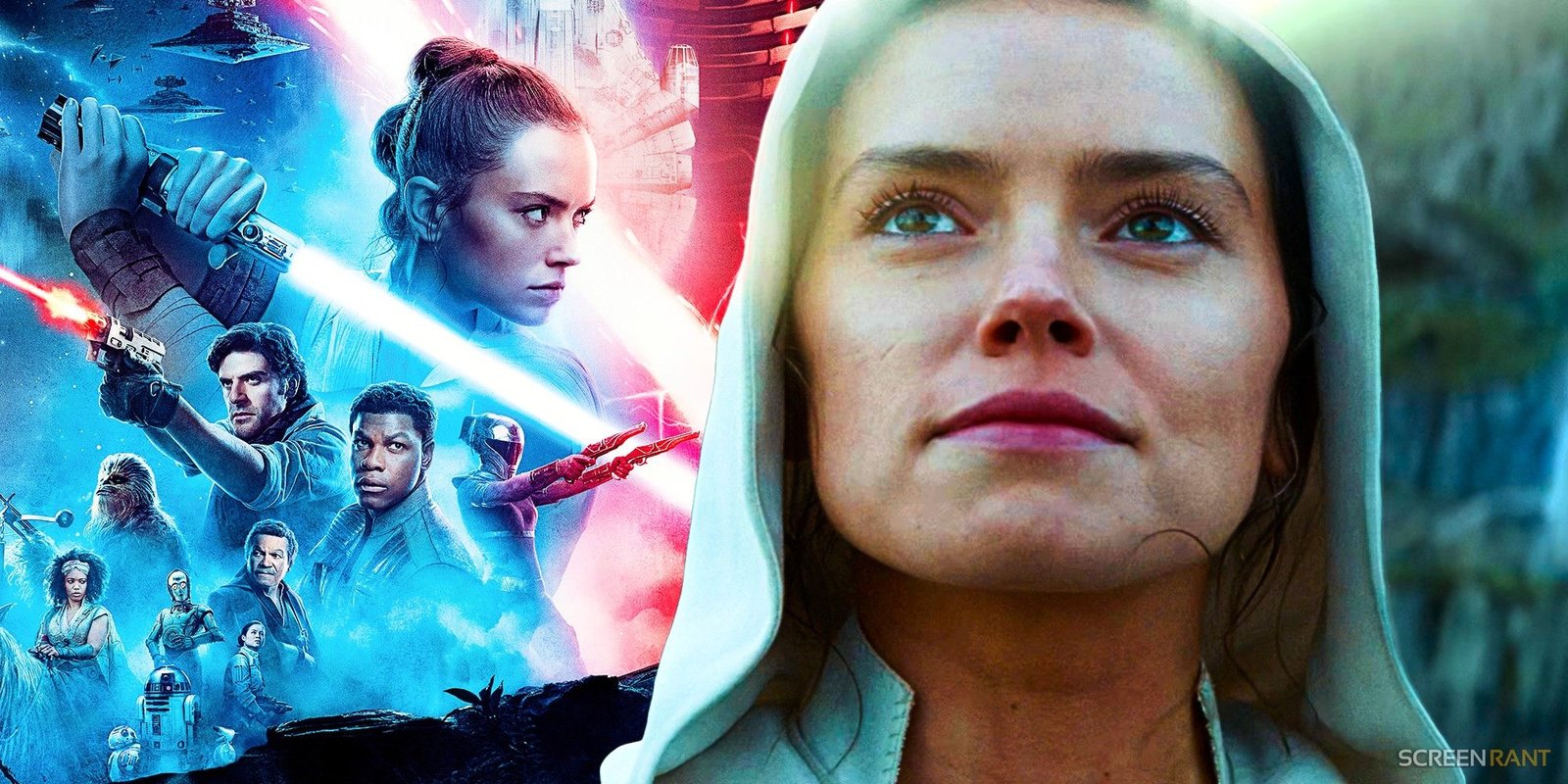 Where Ryan Gosling's Star Wars Movie Fits In The Timeline Confirmed, Promises As-Of-Yet Unseen Era For Shawn Levy-Directed Film 3 The Rise of Skywalker poster to the left and Rey smiling and looking up to the right
