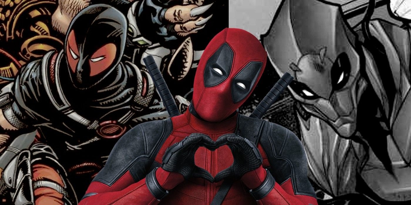 Deadpool's Hello Kitty Variant May Be One of Marvel's Best Creations Ever 3 Collage of Deadpool in Weapon X suit, Fox film with heart hands, and Poison Venompool