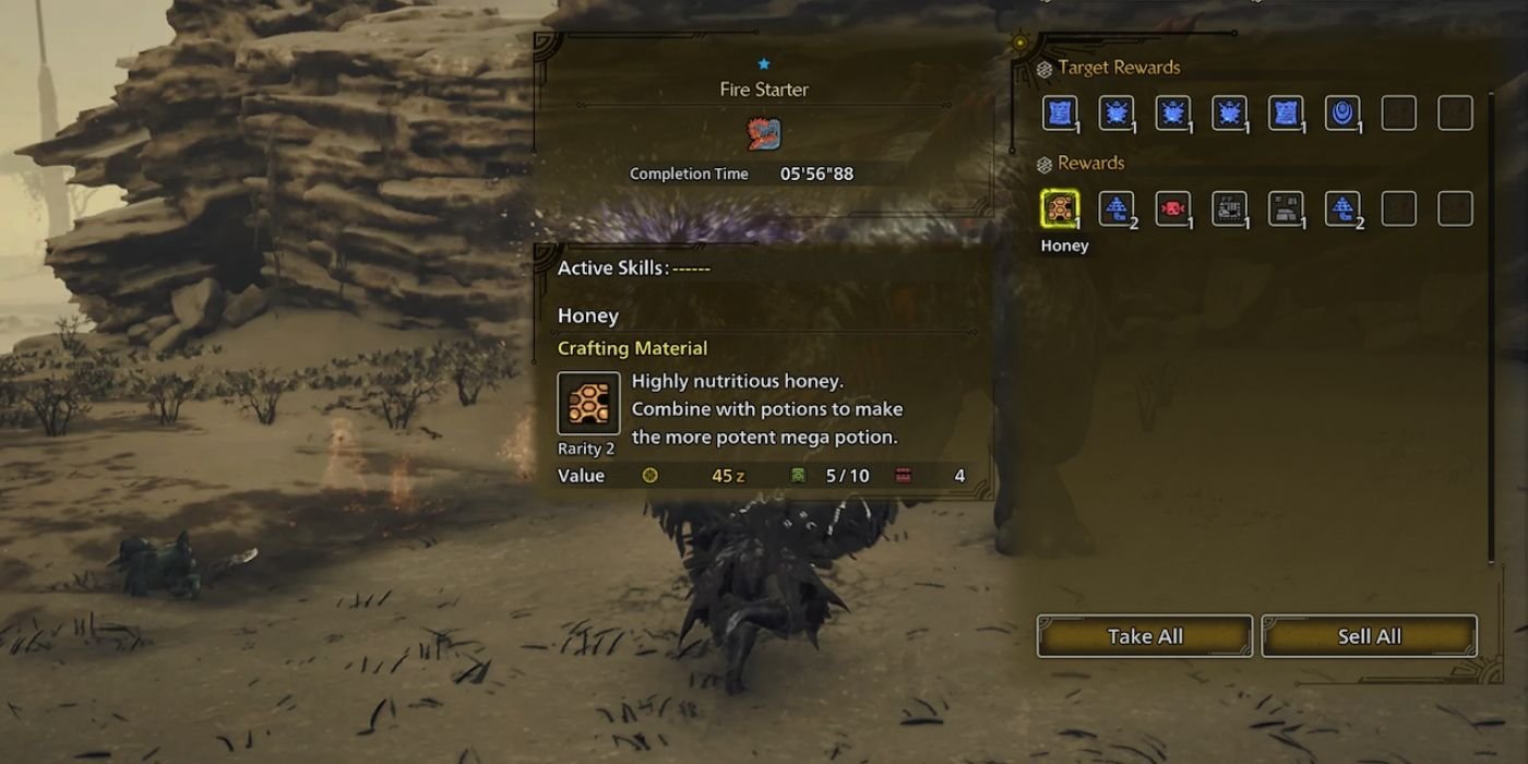 A hunter in Monster Hunter Wilds claims rewards for beating a Quematrice.
