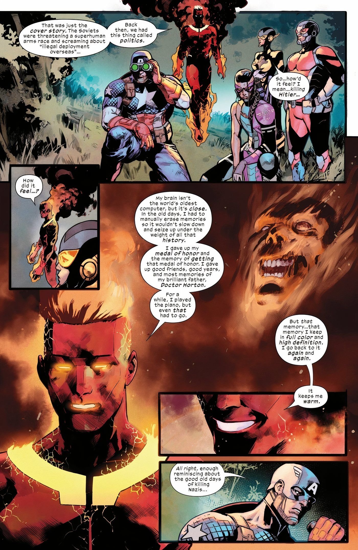 Five panels of the original Human Torch talking to the Ultimates