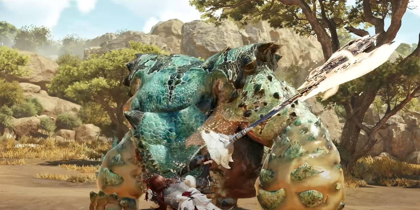 Monster Hunter Wilds character using Charge Blade Axe mode against a monster