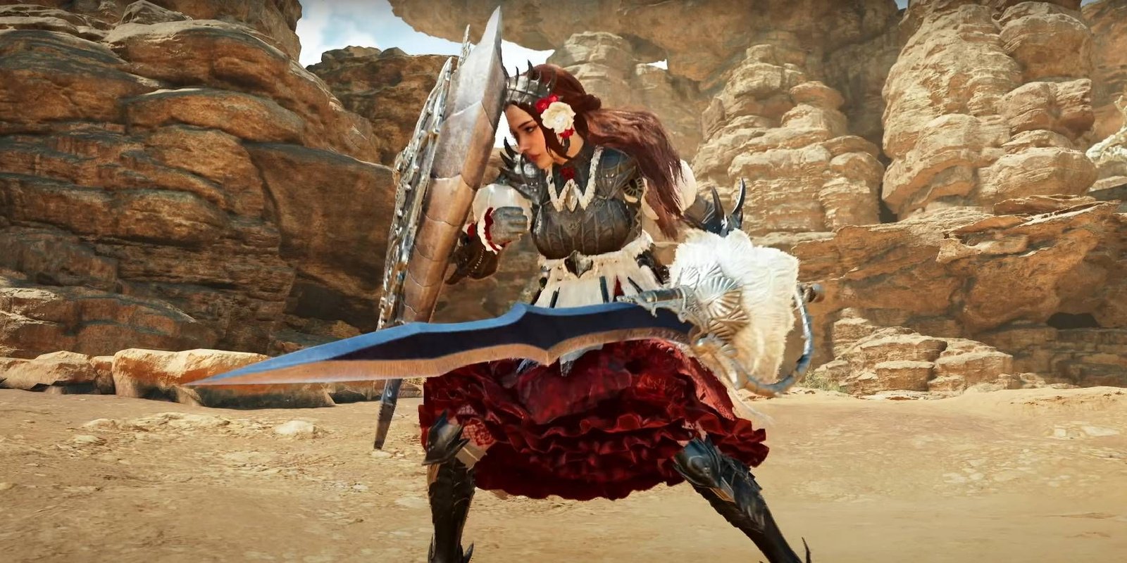 Monster Hunter Wilds character blocking using their shield with the Charge Blade weapon