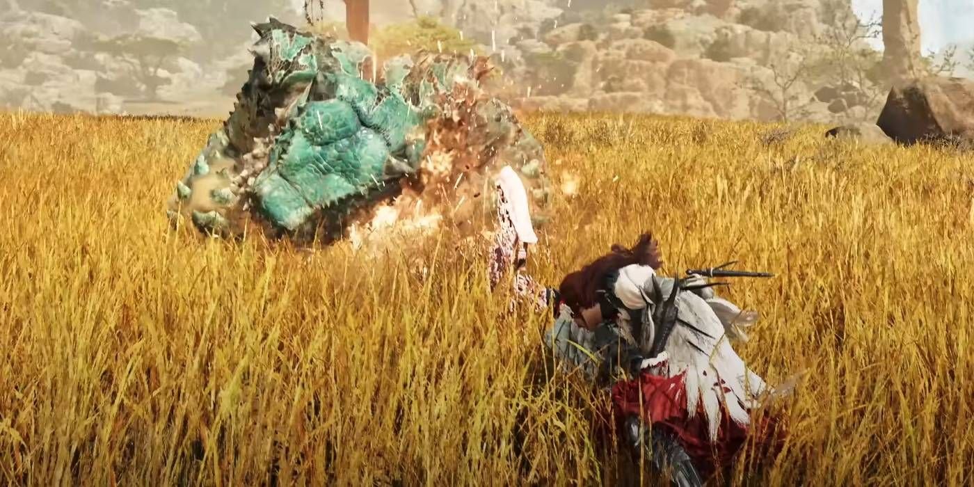Monster Hunter Wilds character performing Super Amped Elemental Discharge attack with Charge Blade weapon