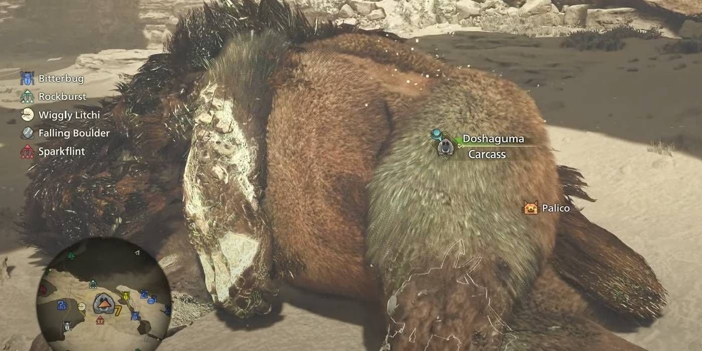 Monster Hunter Wilds carving Alpha Doshaguma monster's body for part rewards