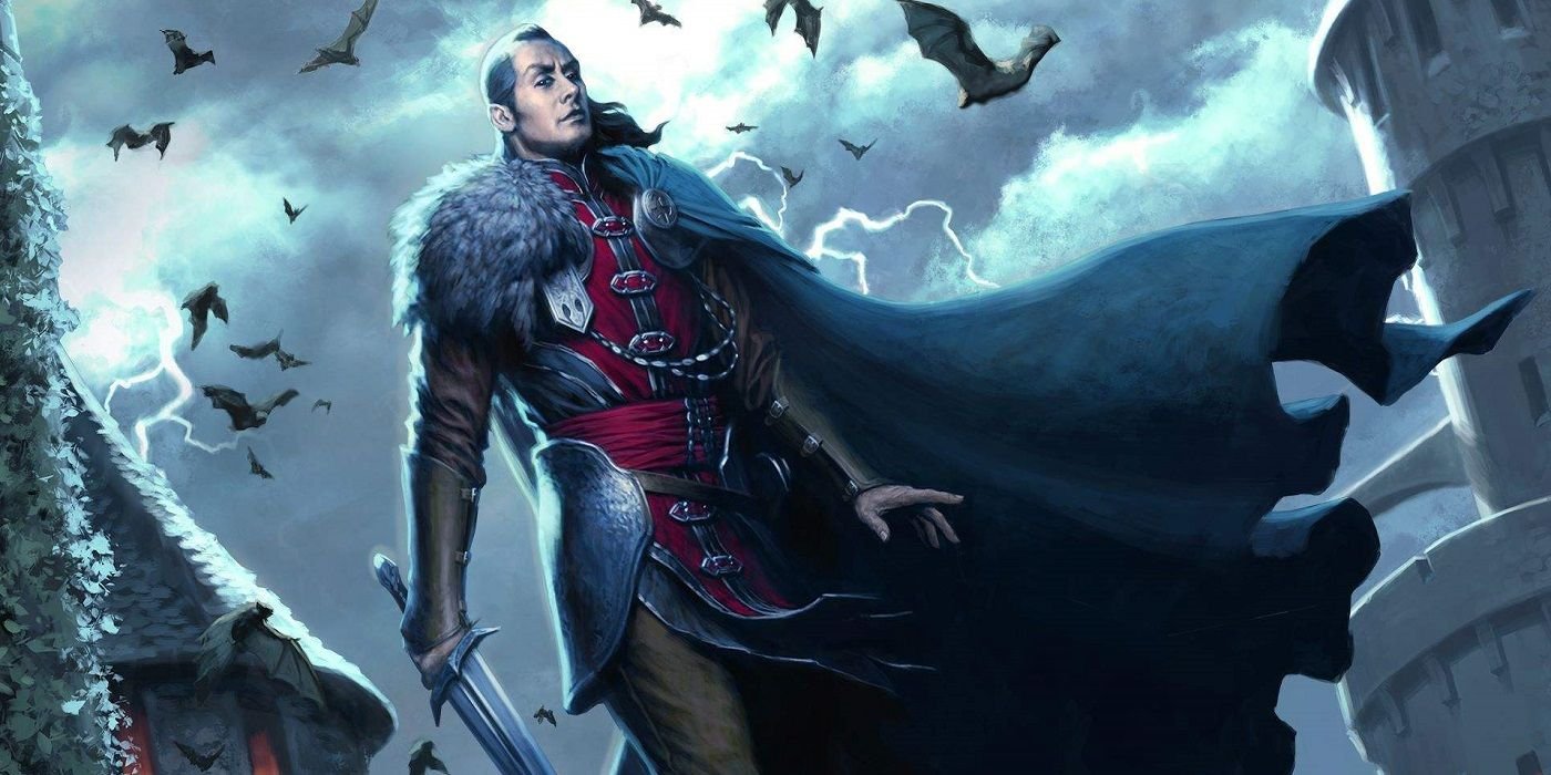 Neverwinter Strahd Ravenloft vampire with bats and castles in the background.