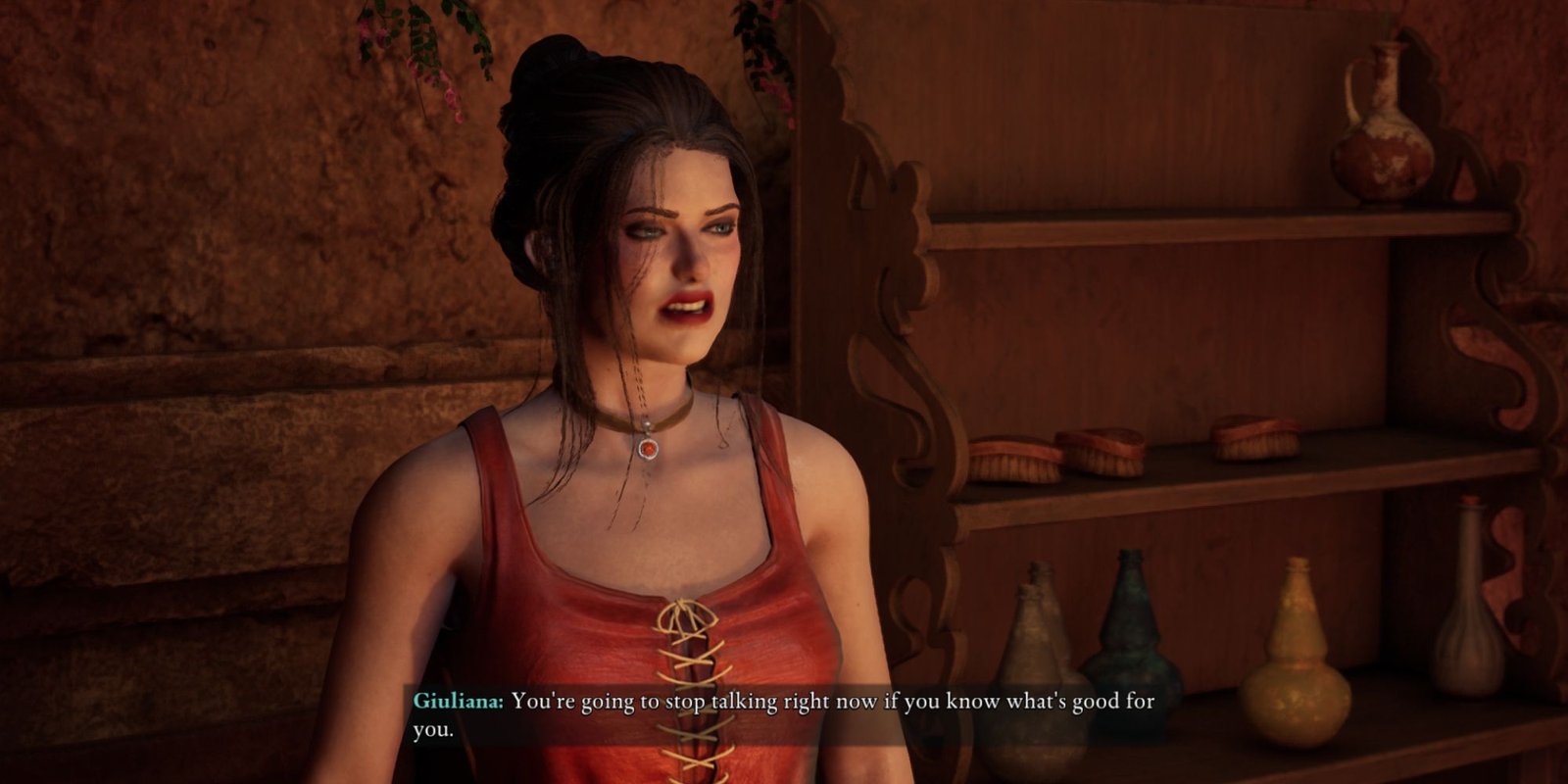 Giuliana angry with the Envoy for mentioning the contents of her shipment in Avowed