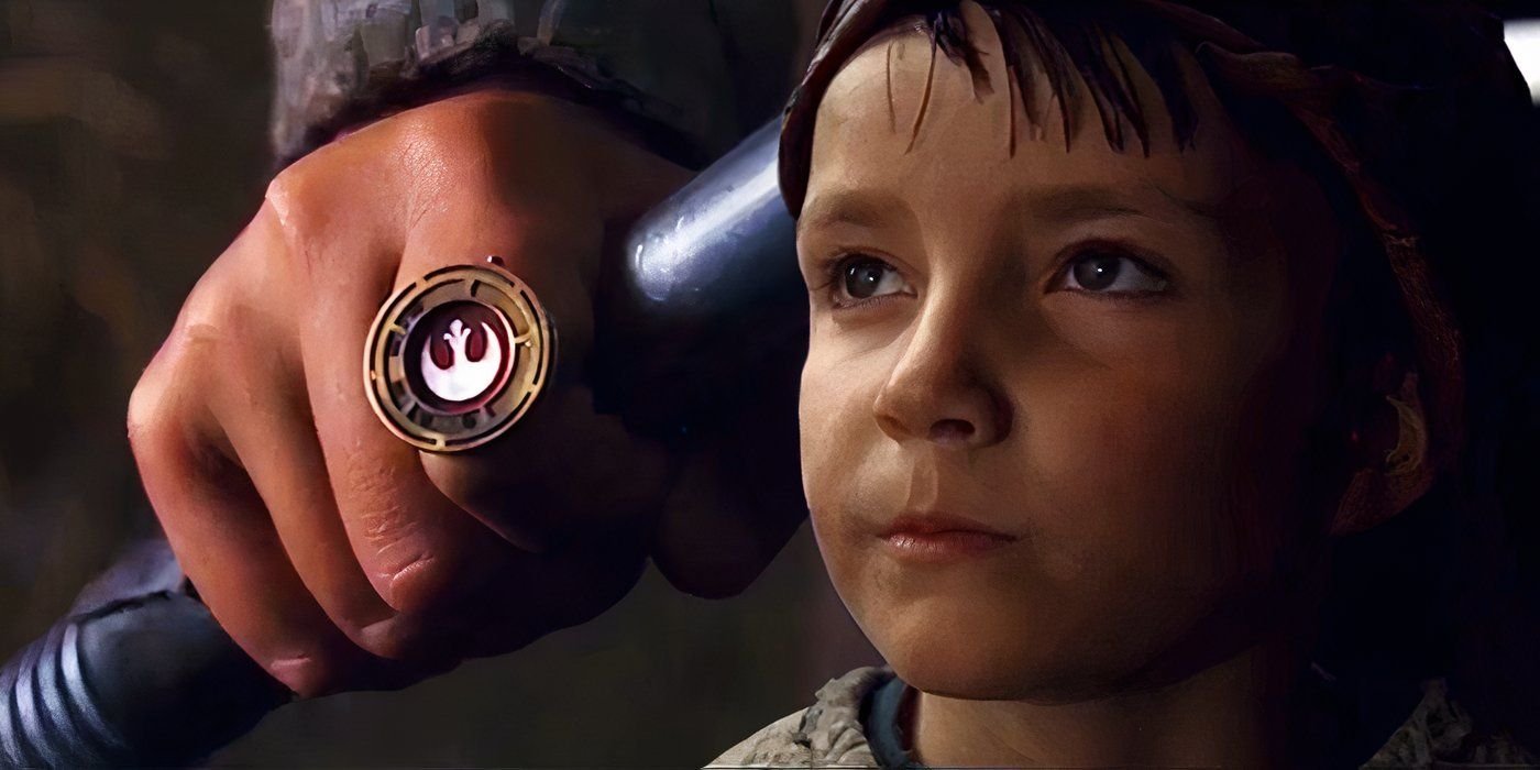 The ending scene of Star Wars: The Last Jedi (2017) featuring Broom Boy looking up to the stars while wearing a Rebellion ring
