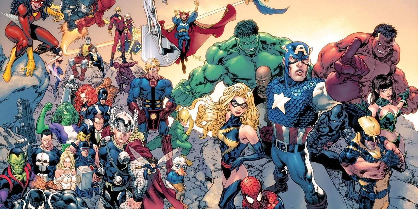 The Avengers x Venom: 10 Terrifying Symbiote Transformations 4 Marvel Comics panel showing a huge range of Marvel's heroes, including the Avengers, X-Men, and Inhumans