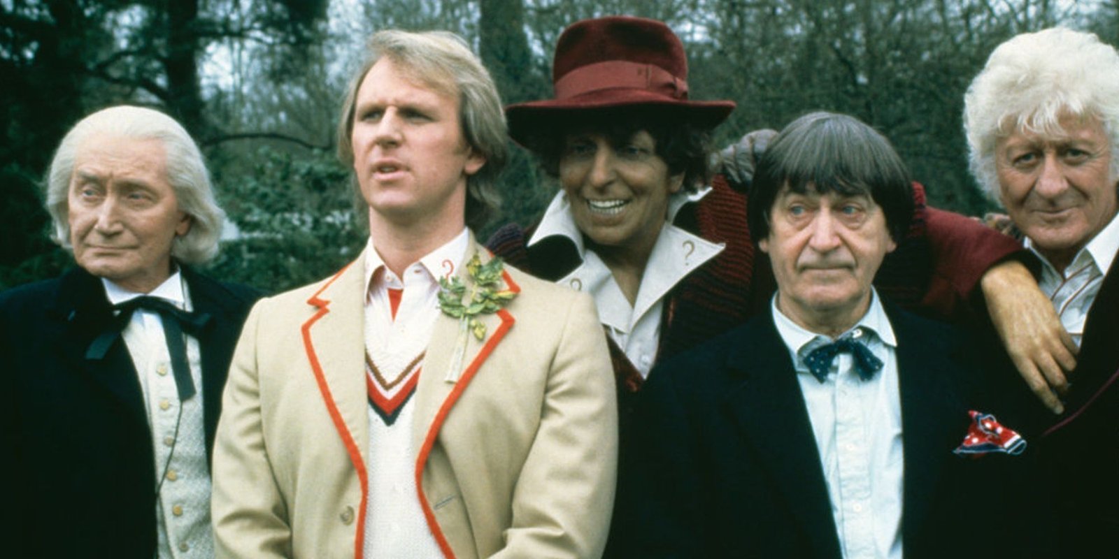 The first five Doctor Who incarnations standing together.