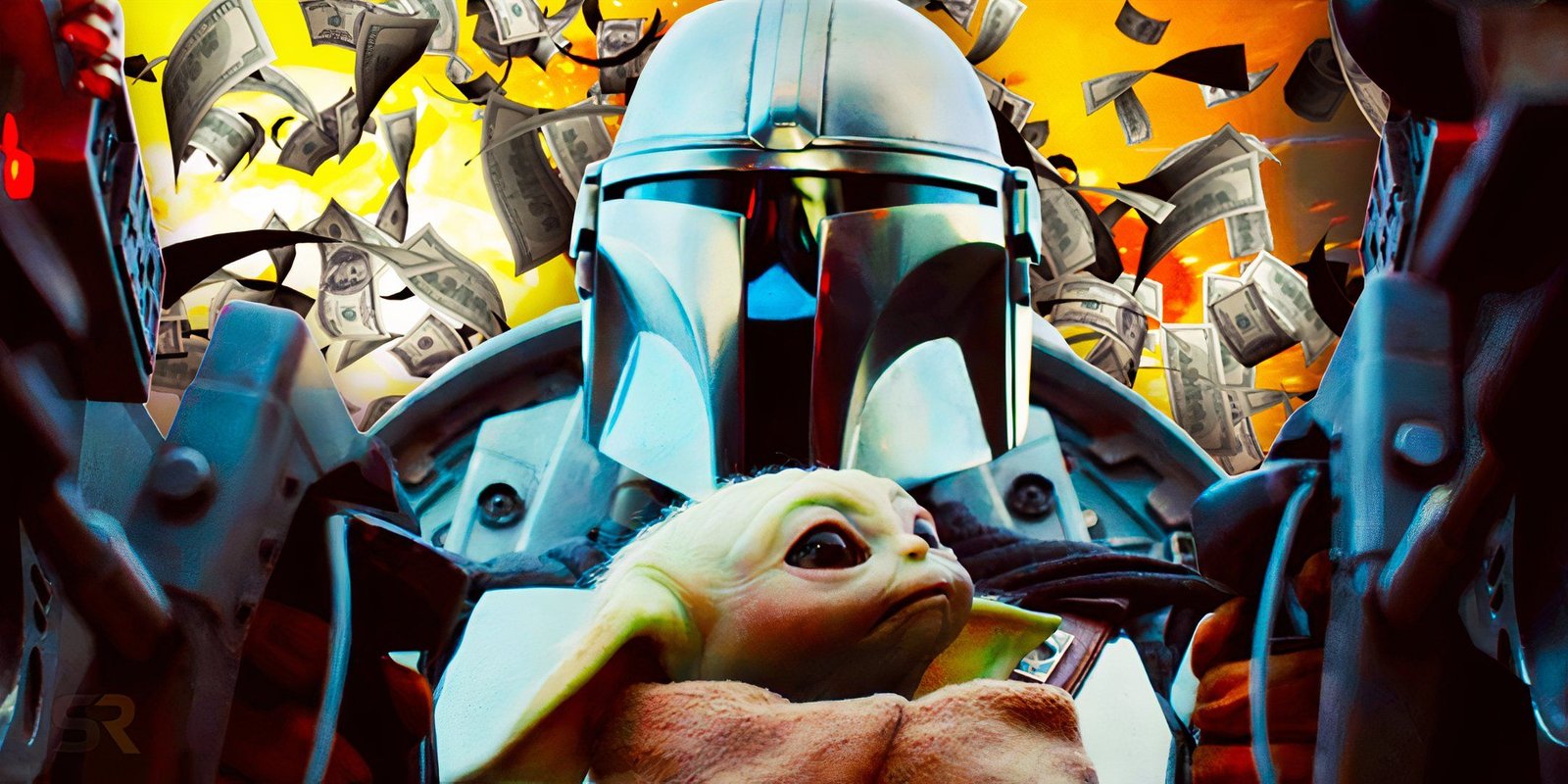 These 10 Major Movie & TV Franchises Wiped Out Entire Chunks Of Canon & I Still Can't Fully Forgive Them 3 Din Djarin and Grogu fly inside the N-1 starfighter together, edited over dollar bills raining down behind them.