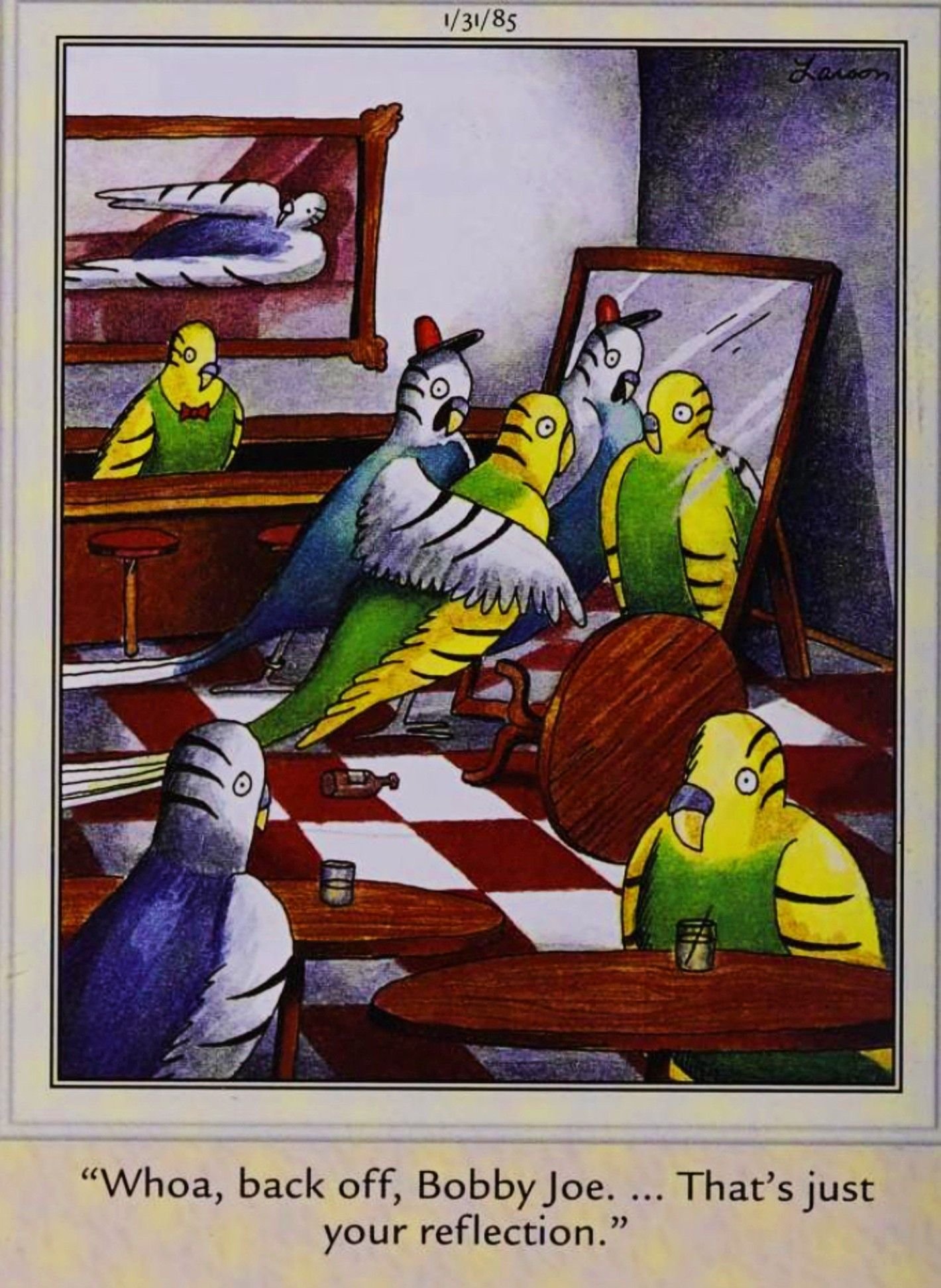 Far Side, January 31, 1985, a bird is agitated by its own reflection at a bar