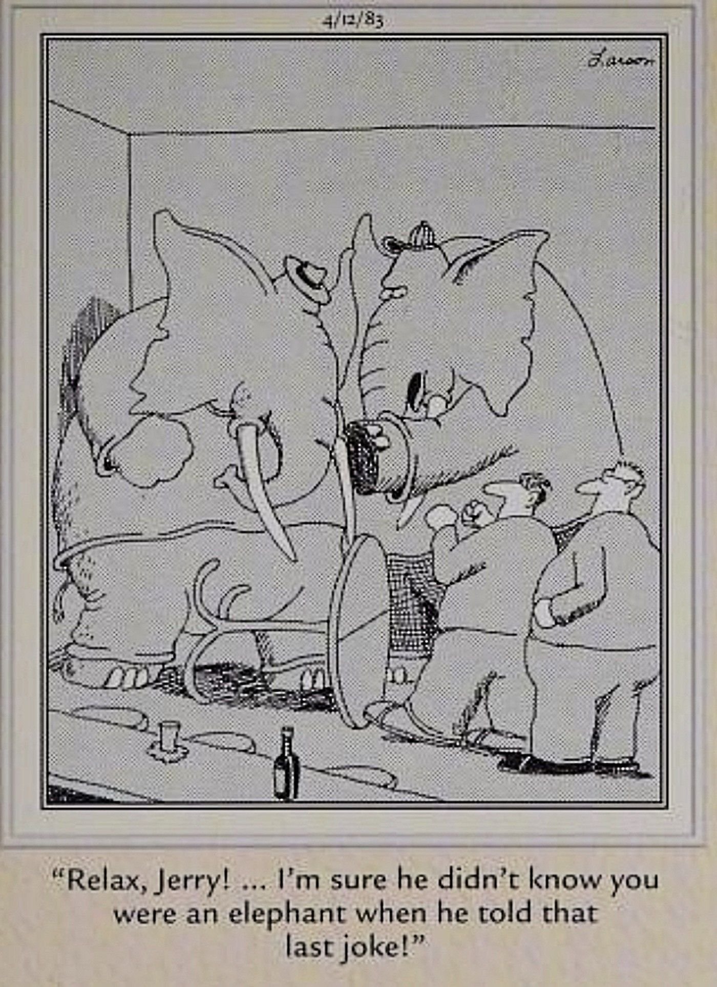 Far Side, elephant drinking at the bar with humans is insulted by an off color elephant joke