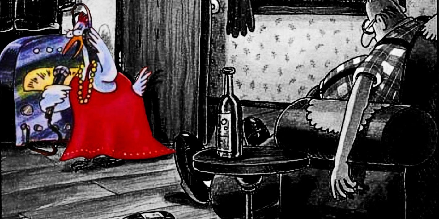 Bottoms Up! 10 Hilarious Far Side Comics All About Bars 5 Far Side, a chicken in a red dress (color) while a farmer is passed out in a recliner (black & white)