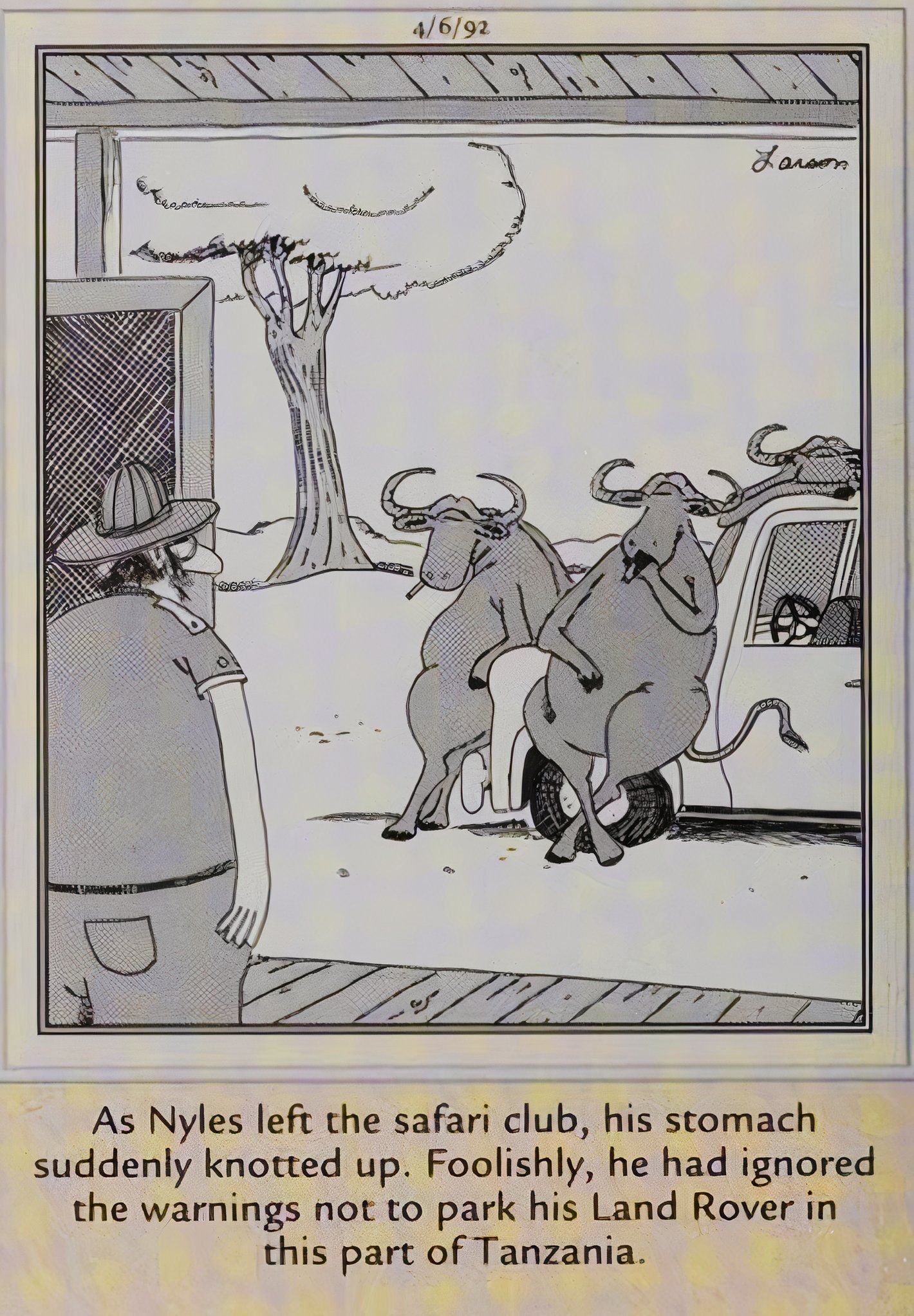 Far Side, April 6, 1992, a man comes out of a bar to find his car surrounded by smoking wildabeasts