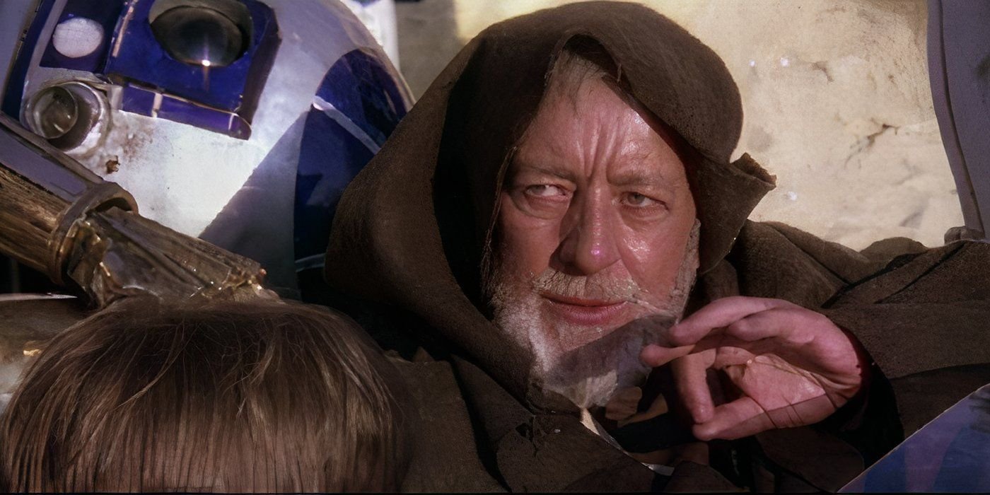 Obi-Wan Kenobi using the Jedi Mind Trick on a Stormtrooper in Star Wars.