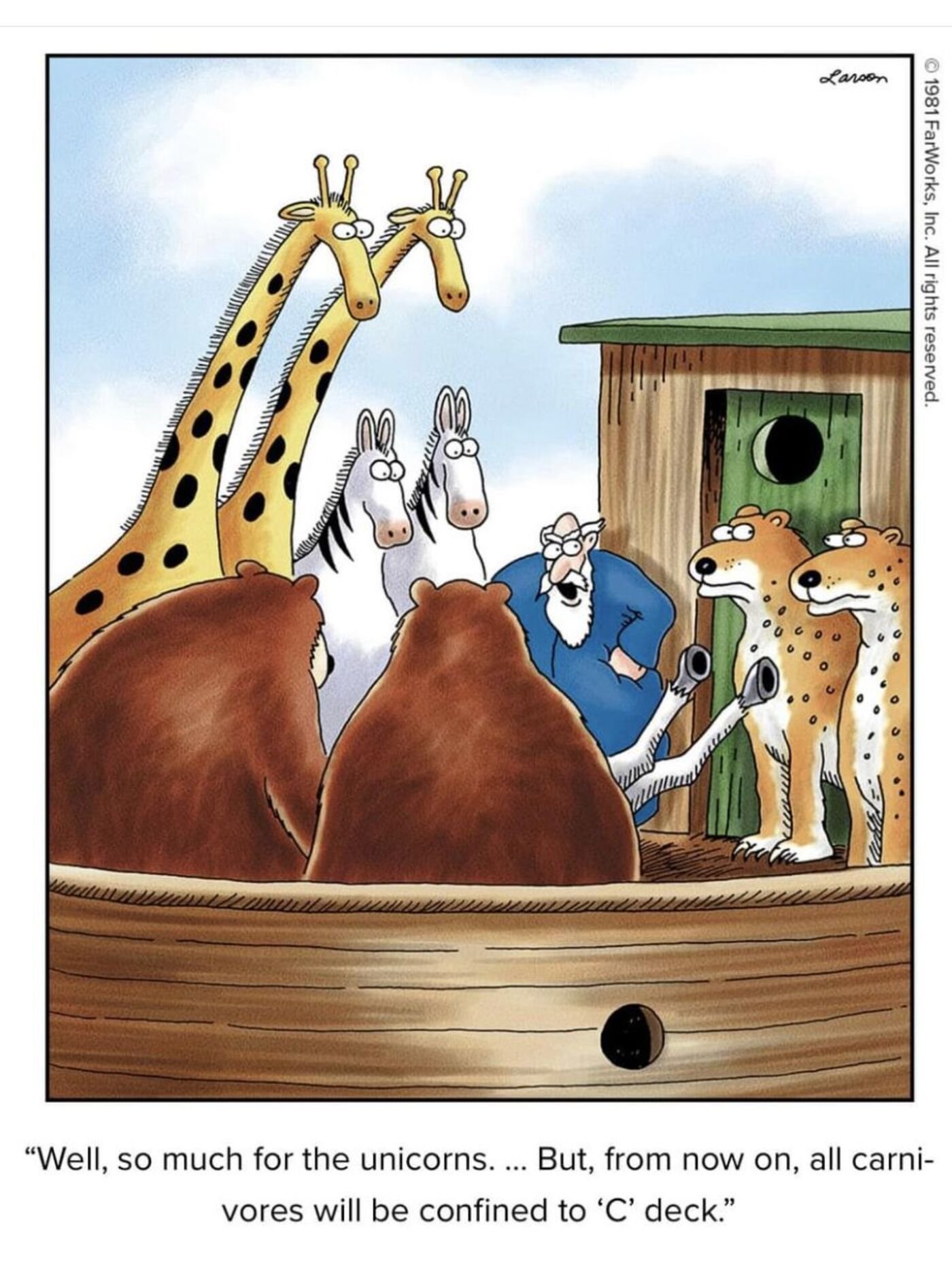 Far Side, animals on Noah's ark including giraffes.