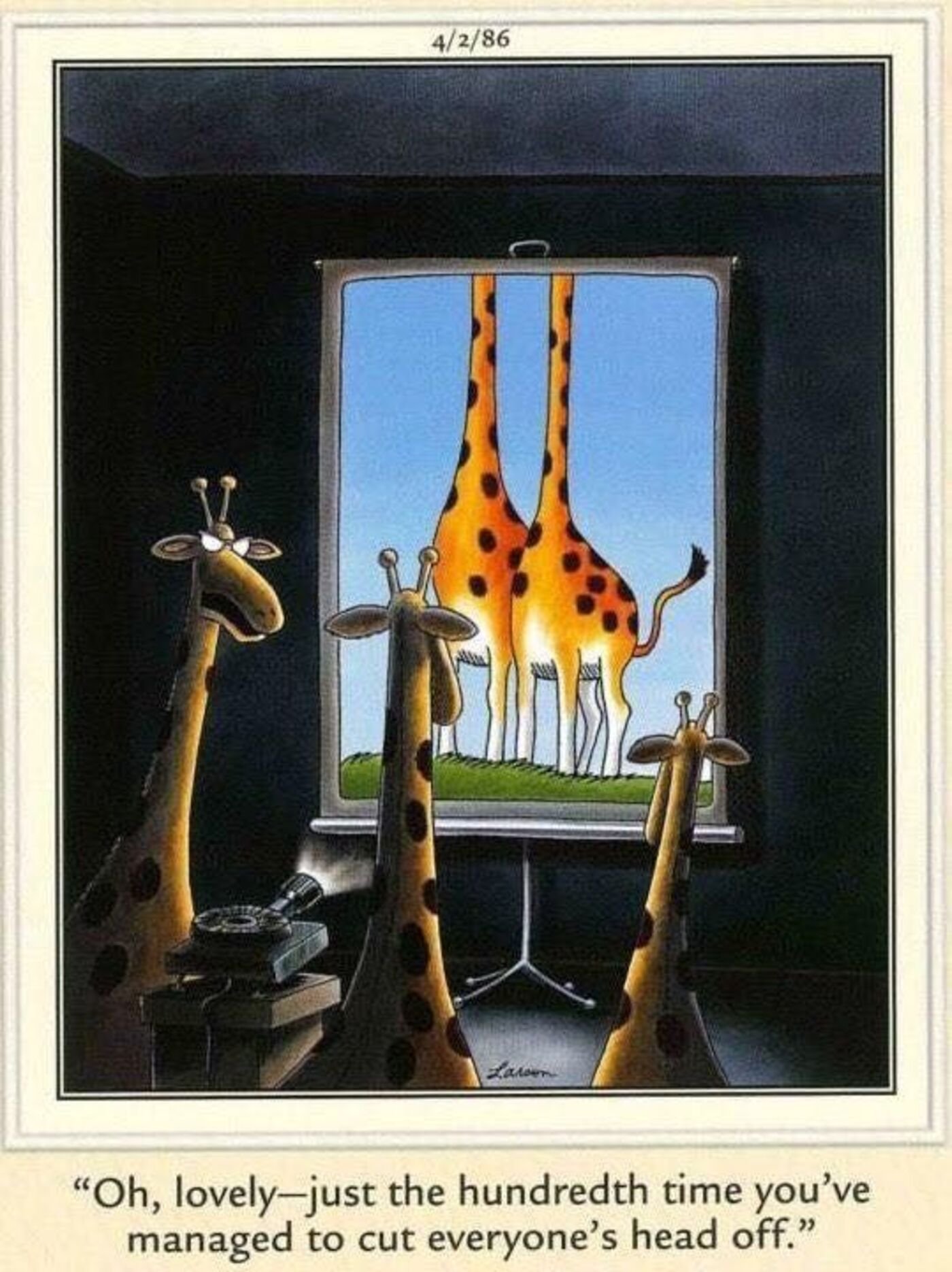 Far Side, giraffes looking at pictures on a slideshow.