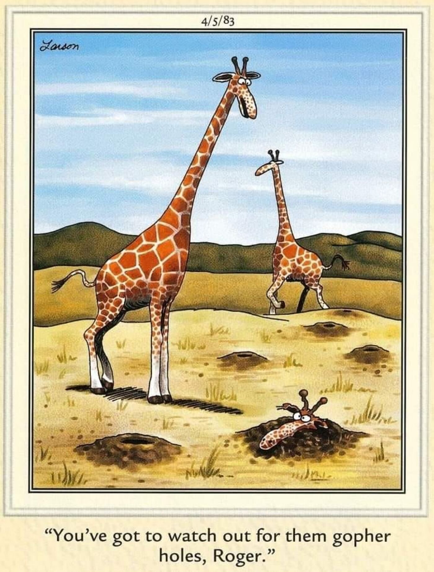 The Far Side, A giraffe's head sticking out of the ground with two others watching.