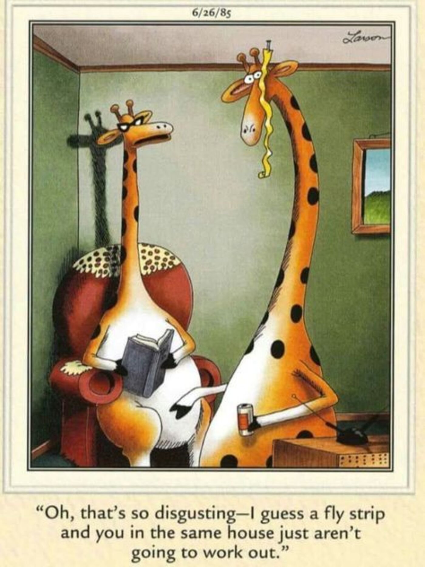 The Far Side, a fly strip stuck on a giraffe's face while another giraffe says it's disgusting.
