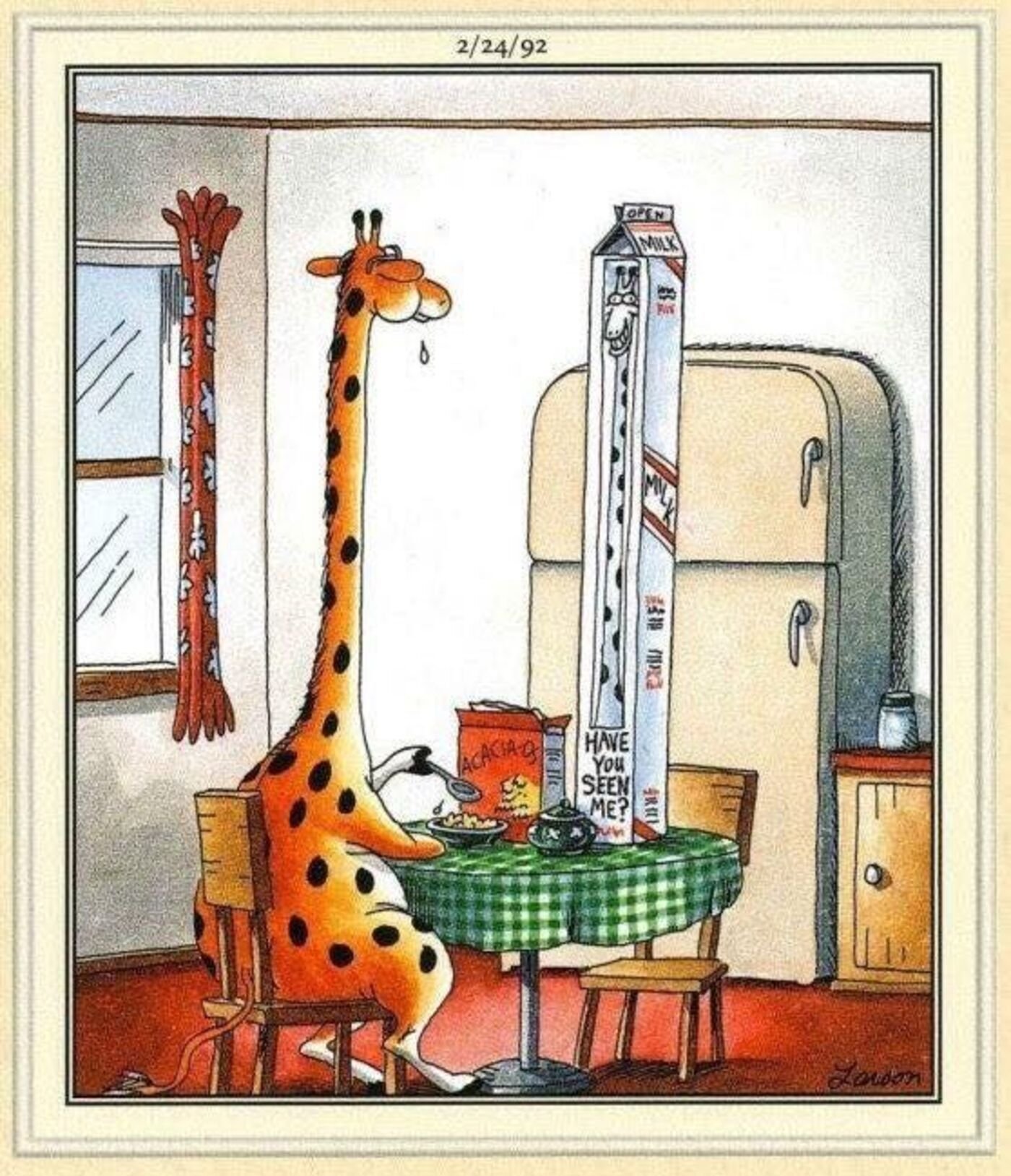 Far Side, A giraffe looking at a very long milk carton.