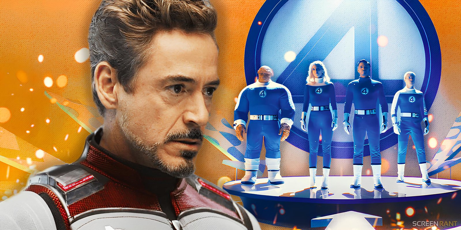 Robert Downey Jr. suited up as Tony Stark next to the cast of The Fantastic Four: First Steps