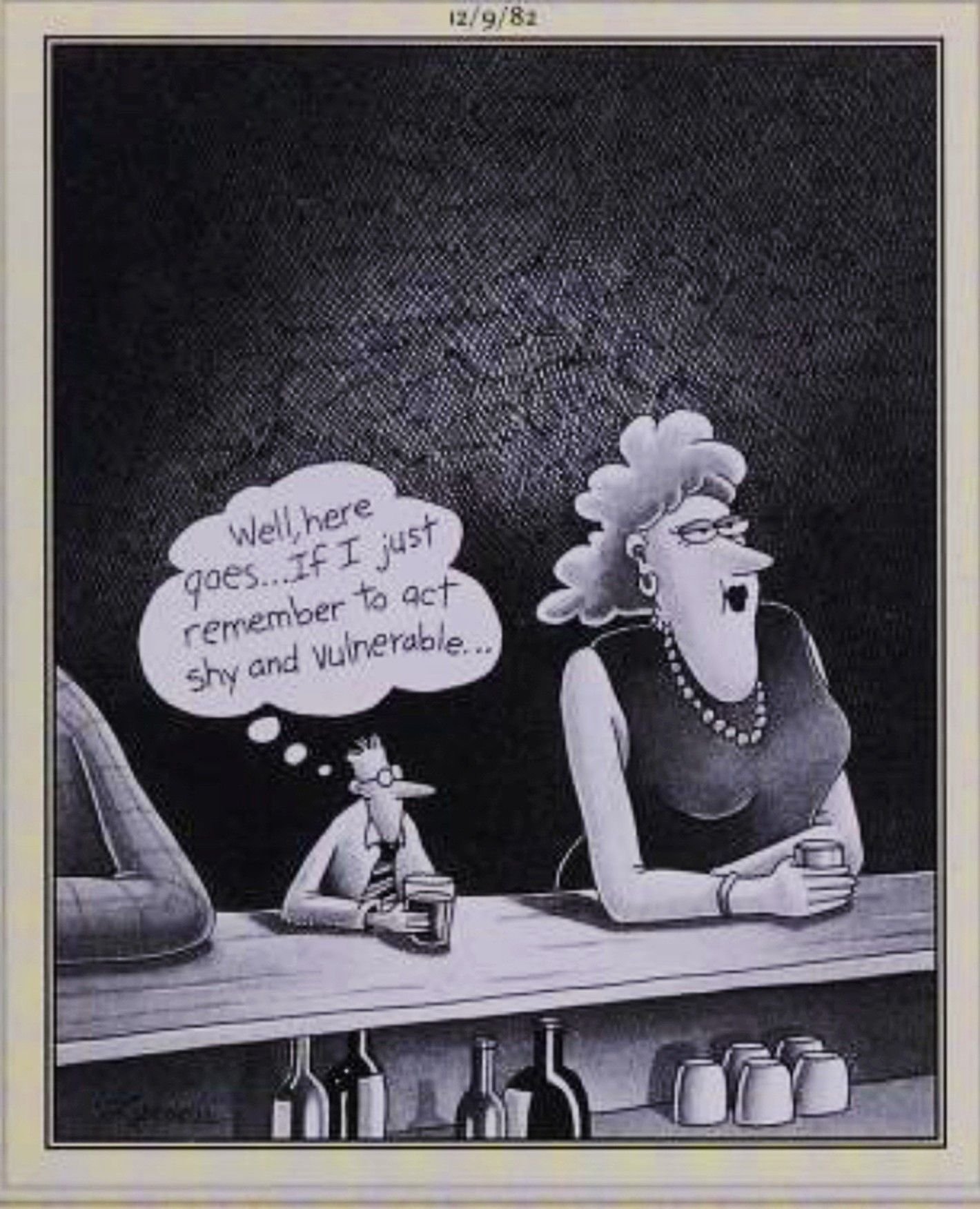 Far Side, December 9, 1982, a small man is intimidated by a normal sized woman at the bar