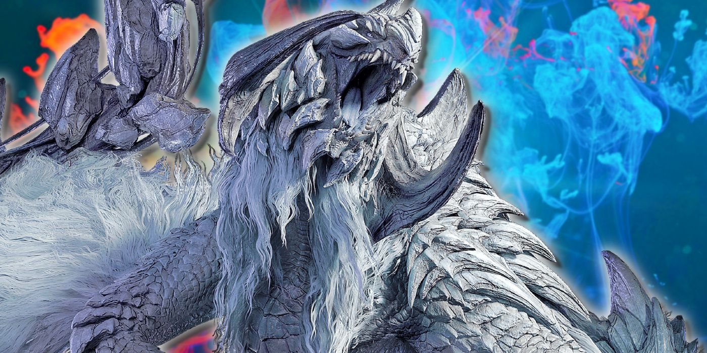 Monster Hunter Wilds' Arkveld roars with blue flames in the background.