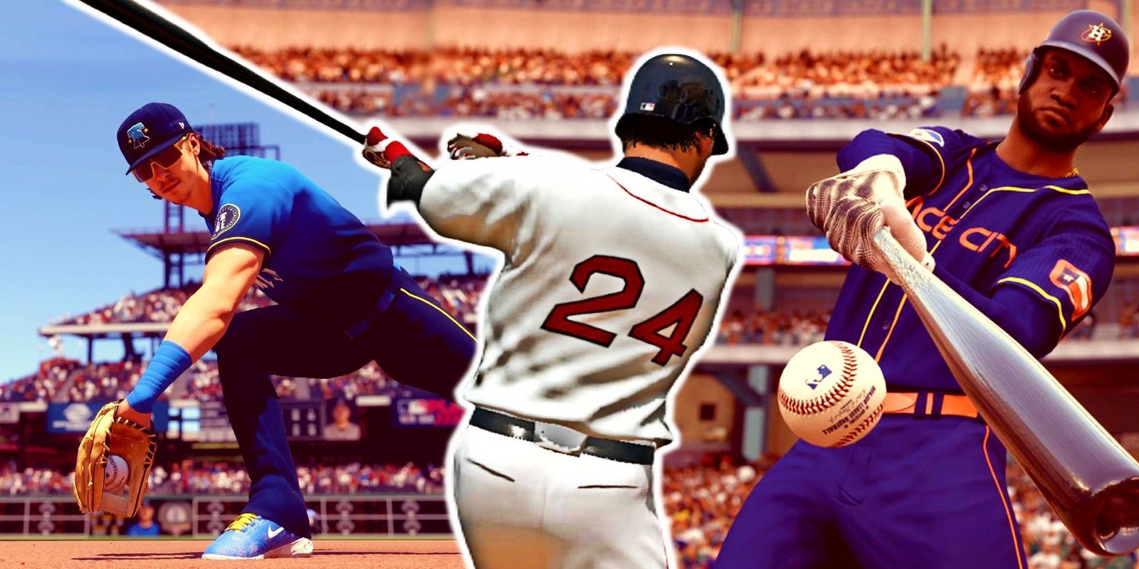 Everything Confirmed For Franchise Mode 2 MLB The Show 25 Player hitting ball next to player who has hit the ball, next to player who is catching a ball