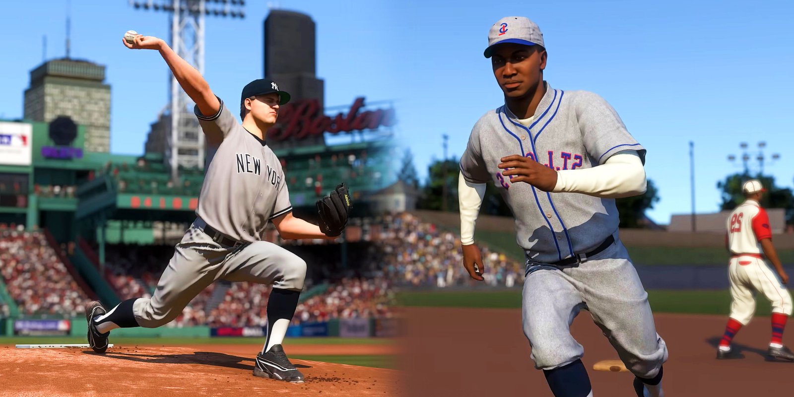 Everything Confirmed For Franchise Mode 4 Roger Clemens throwing a pitch while James _Cool Papa_ Bell runs the bases in a collage of screenshots from MLB The Show 25.