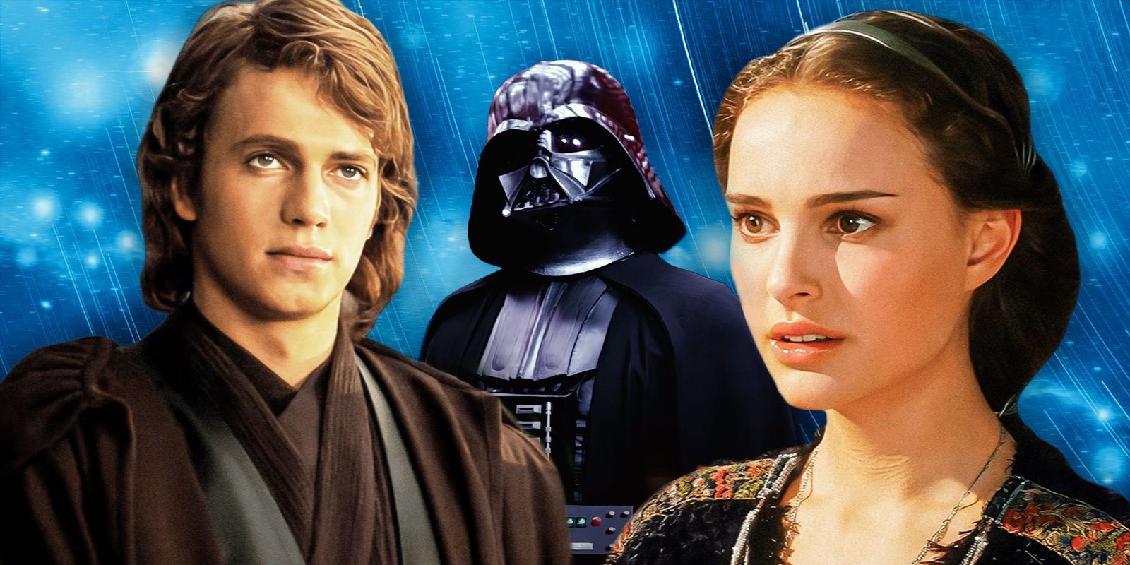 Incredible New Star Wars Theory Reveals The Perfect Way To Bring Back Darth Vader (No, Not Anakin) 2 Anakin Skywalker in Revenge of the Sith to the left, Darth Vader in A New Hope in the middle, and Padme in Revenge of the Sith to the right