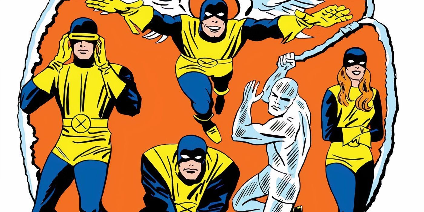 Comic book art: The original 5 X-Men members pose in an orange circle.