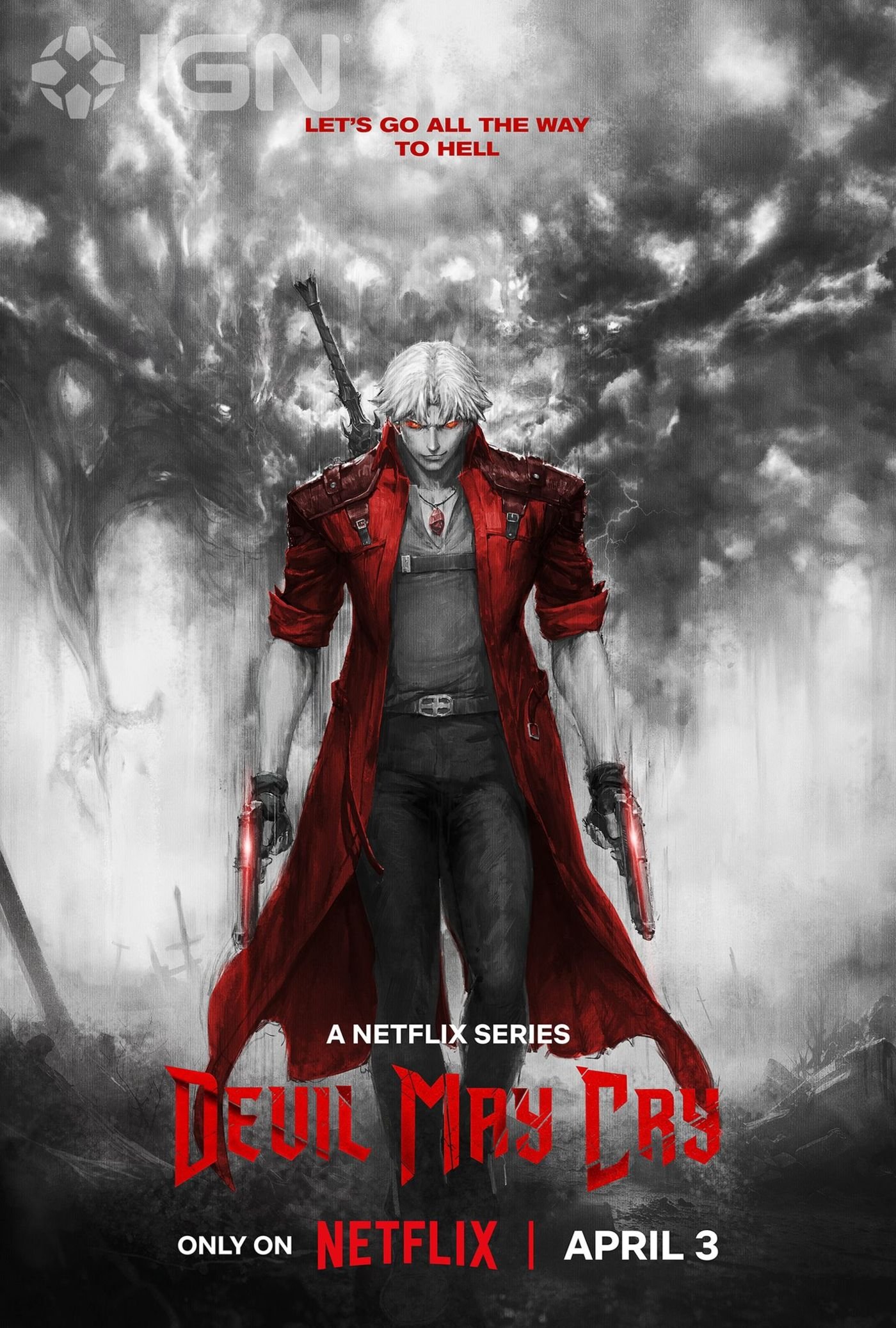 Devil May Cry poster featuring Dante walking toward the camera with guns in hand and a smile on his face.