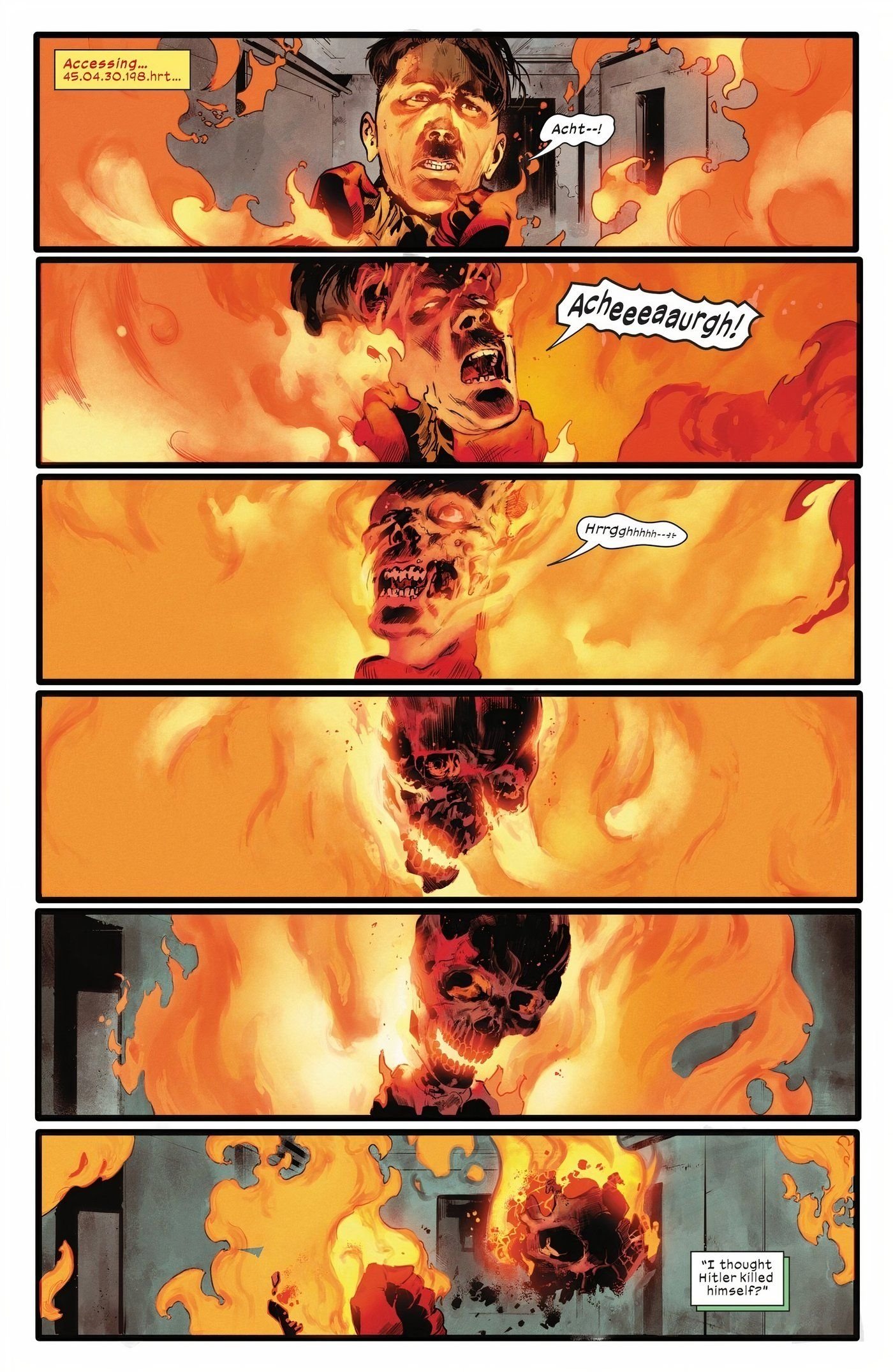 Six panels of Hitler burning alive.