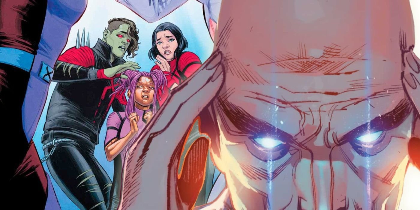 We Are Not His Child Soldiers 3 Bronze, Axo, and Melee from Exceptional X-Men cower with Xavier in the foreground
