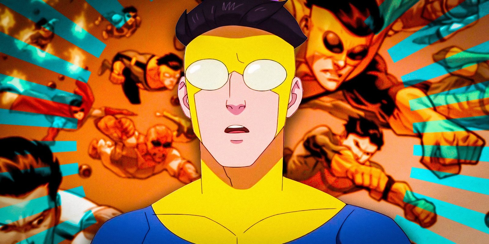 What Happens To All 30 Invincible Heroes During Season 3's Invincible War Explained 2 Mark looking shocked in Invincible season 3 (2025) above an image from Invincible comics of the evil Mark's flying toward Earth