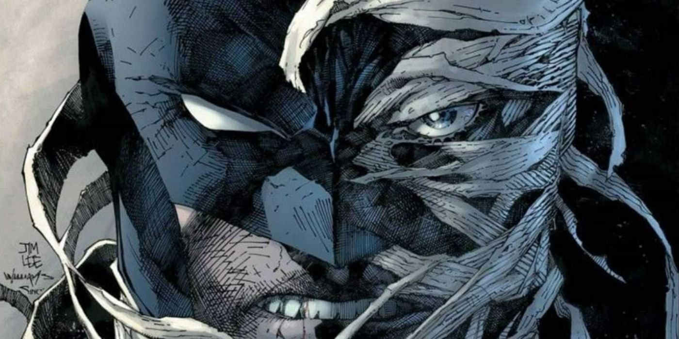 Comic book art: Batman and Hush's faces split by Jim Lee.
