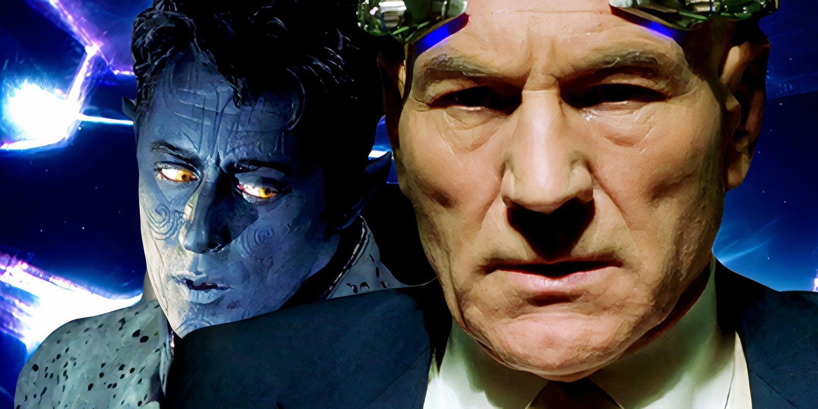 After Hearing Hayley Atwell’s 2025 Comments About Captain Carter’s Doctor Strange 2 Death, I’m Mad About It All Over Again 5 Custom image of Nightcrawler looking to the side and Professor X looking serious on a background of the spacetime tear in The Marvels